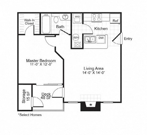 Floor plan for 1 bed, 1 bath, 611 sqft